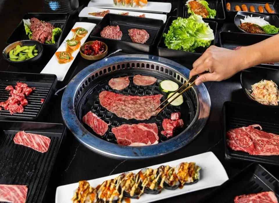 Premium wagyu beef being grilled at Wagyu Grill restaurant
